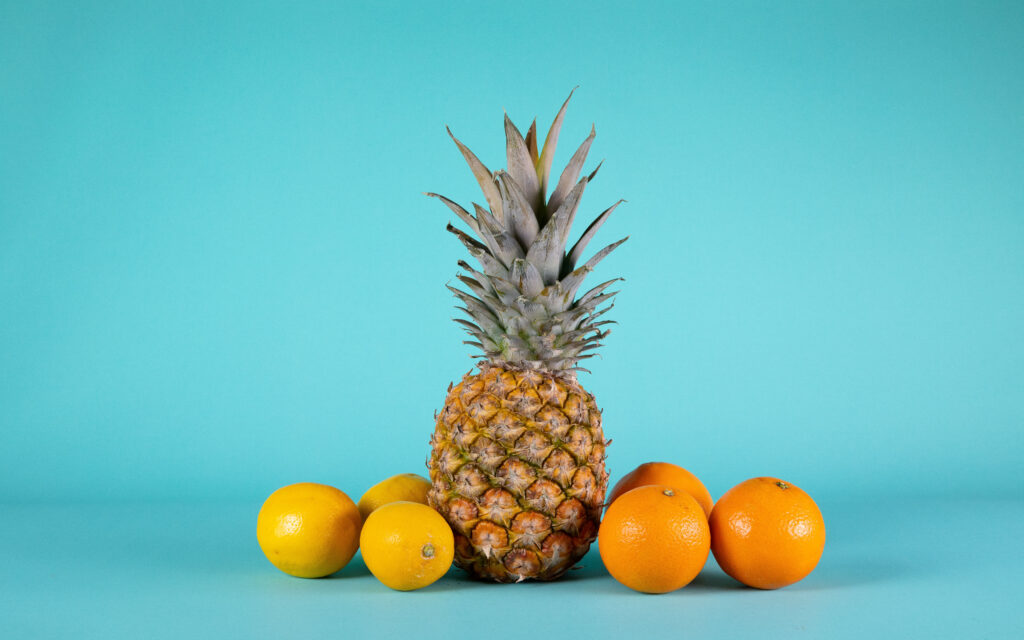Tropical Fruit Wallpaper: Pineapple, Oranges & Lemons on Turquoise