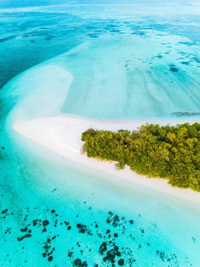 Aerial view of tropical island with lush palms white sandy beaches and clear turquoise ocean waters Wallpaper