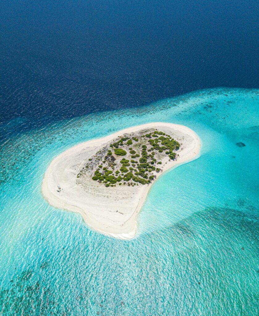Aerial view of tropical island with turquoise ocean waters lush greenery and sandy shores wallpaper