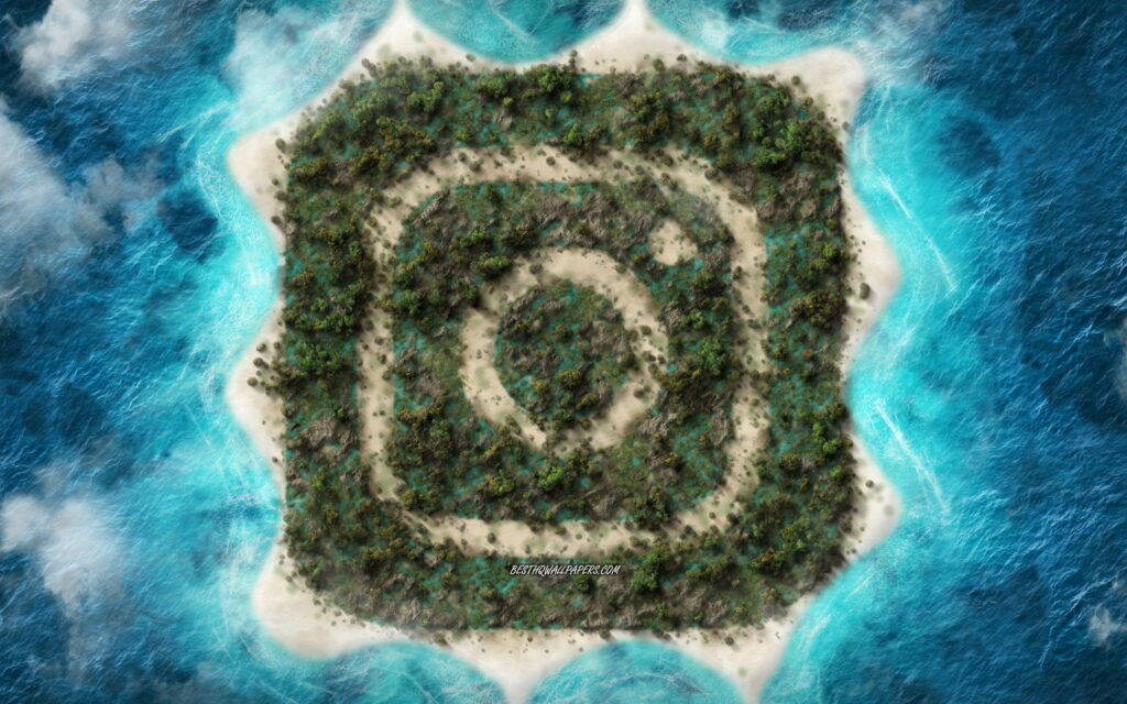 Tropical island shaped like Instagram logo with lush greenery and turquoise ocean waters QHD wallpaper