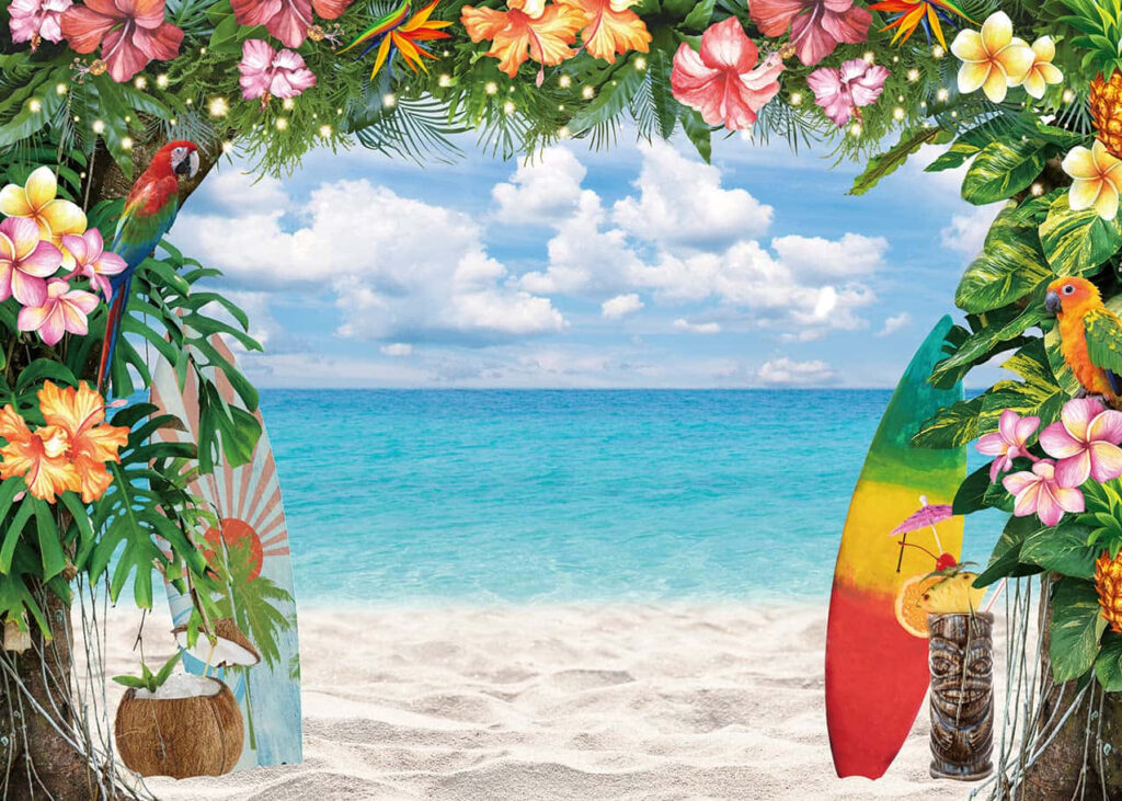 Tropical luau wallpaper with colorful flowers surfboards lush greenery and sunny beach ocean