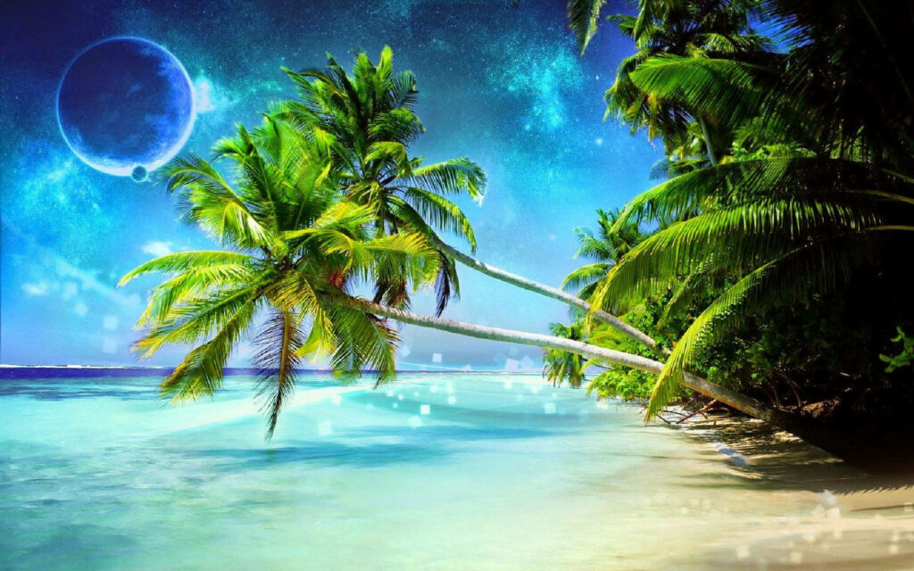 Tropical Oasis: 3D Coconut Trees on Blue Beach Wallpaper