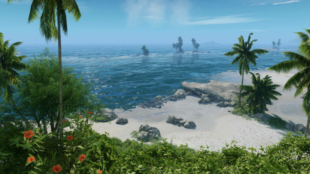 Tropical Beach Scene in Crysis 3: Vibrant Flowers, Clear Waters, and Palm Trees on White Sand under Hazy Sky Wallpaper