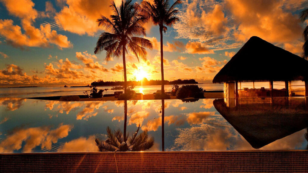 The Enchanting Tropical Sunset: Captivating Nature's Majesty Reflected in a Pool Oasis Wallpaper