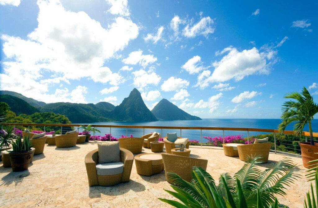 Tropical Paradise Wallpaper: Luxurious Lounge with Pitons and Ocean View