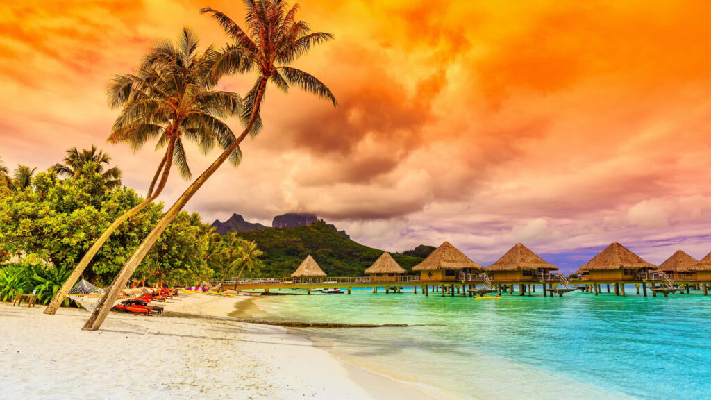 Tropical Paradise Wallpaper: Overwater Bungalows & Sunset Beauty