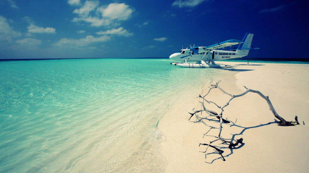 Serene Tropical Paradise Wallpaper: Seaplane on White Sand Beach