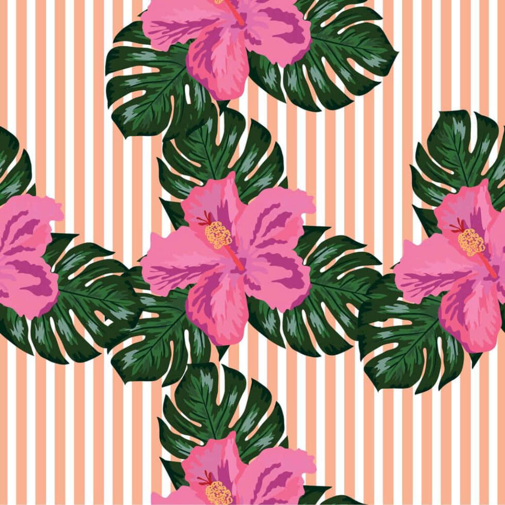 Vibrant Pink Hibiscus Wallpaper with Peach Stripes - Tropical Background