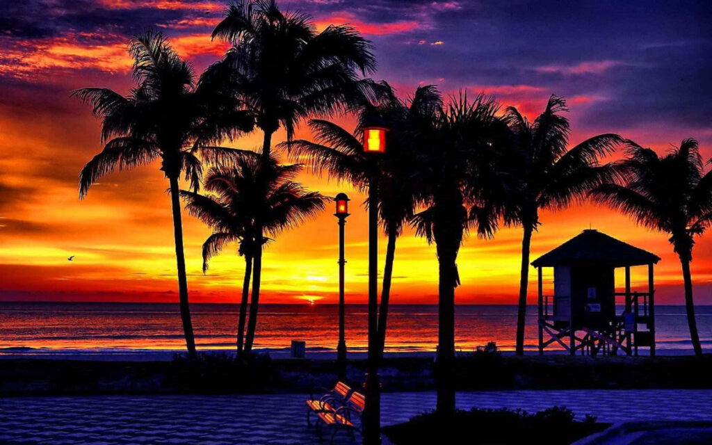 Tropical Beach Sunset Wallpaper: Vibrant Orange, Purple & Red Sky