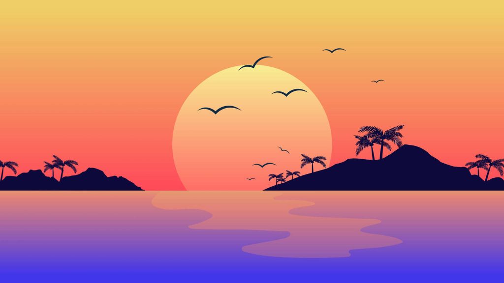 Minimalist sunset wallpaper with vibrant sky palm silhouettes tropical islands calm waters birds