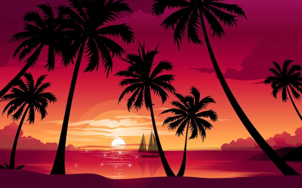 Tropical Sunset Wallpaper: Serene Palm Trees & Sailing Boat Scene