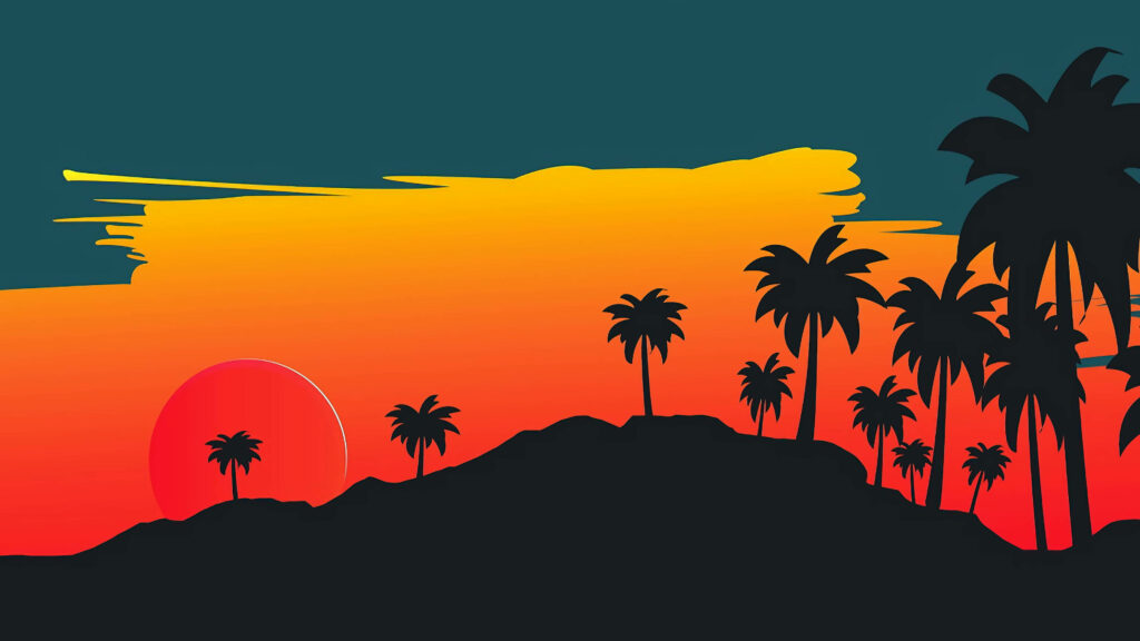 Vibrant Tropical Sunset Wallpaper with Palm Trees & Gradient Sky