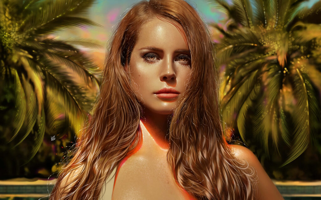 Vibrant Tropical Wallpaper of Lana Del Rey with Glamorous Portrait