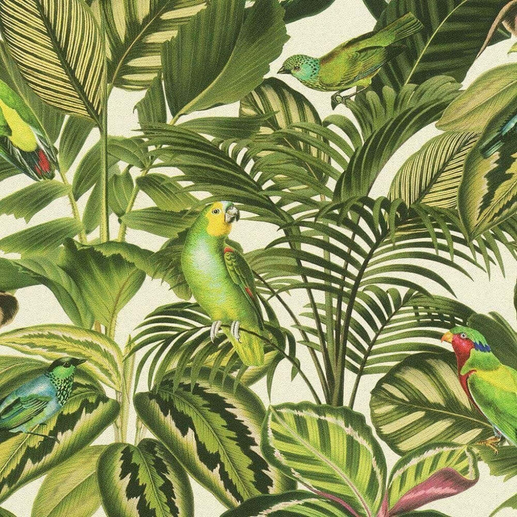Tropical Wallpaper with Exotic Birds and Vibrant Greenery Background