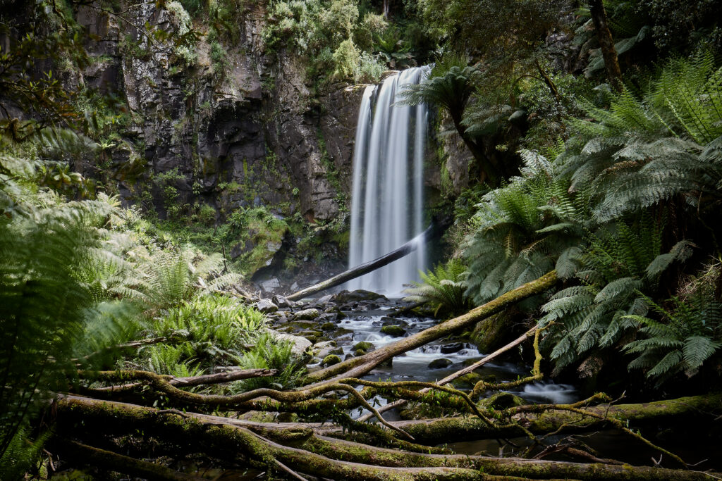 Tropical waterfall cascading over rocky cliffs surrounded by green palms and mossy stones wallpaper