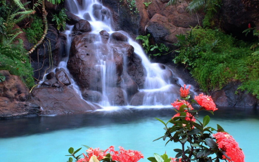 Tropical Waterfall Wallpaper: Serene Turquoise Pool & Lush Greens