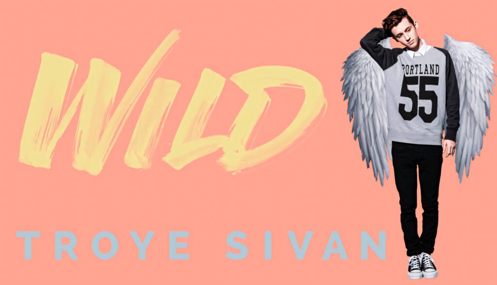 Troye Sivan fan art wallpaper with angel wings and bold wild text on soft peach background