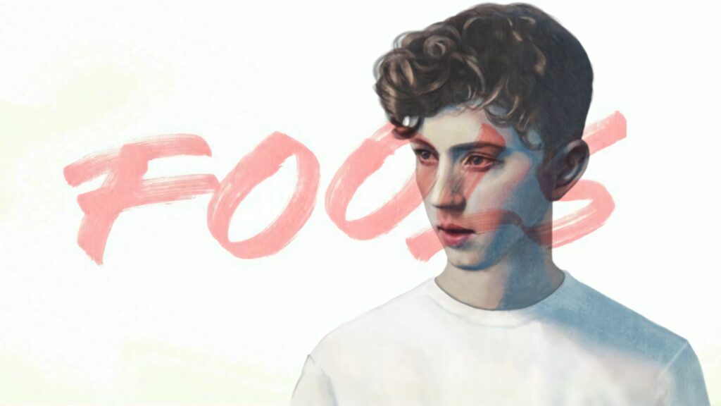 Painted portrait of Troye Sivan with bold red Fools text on white artistic wallpaper background