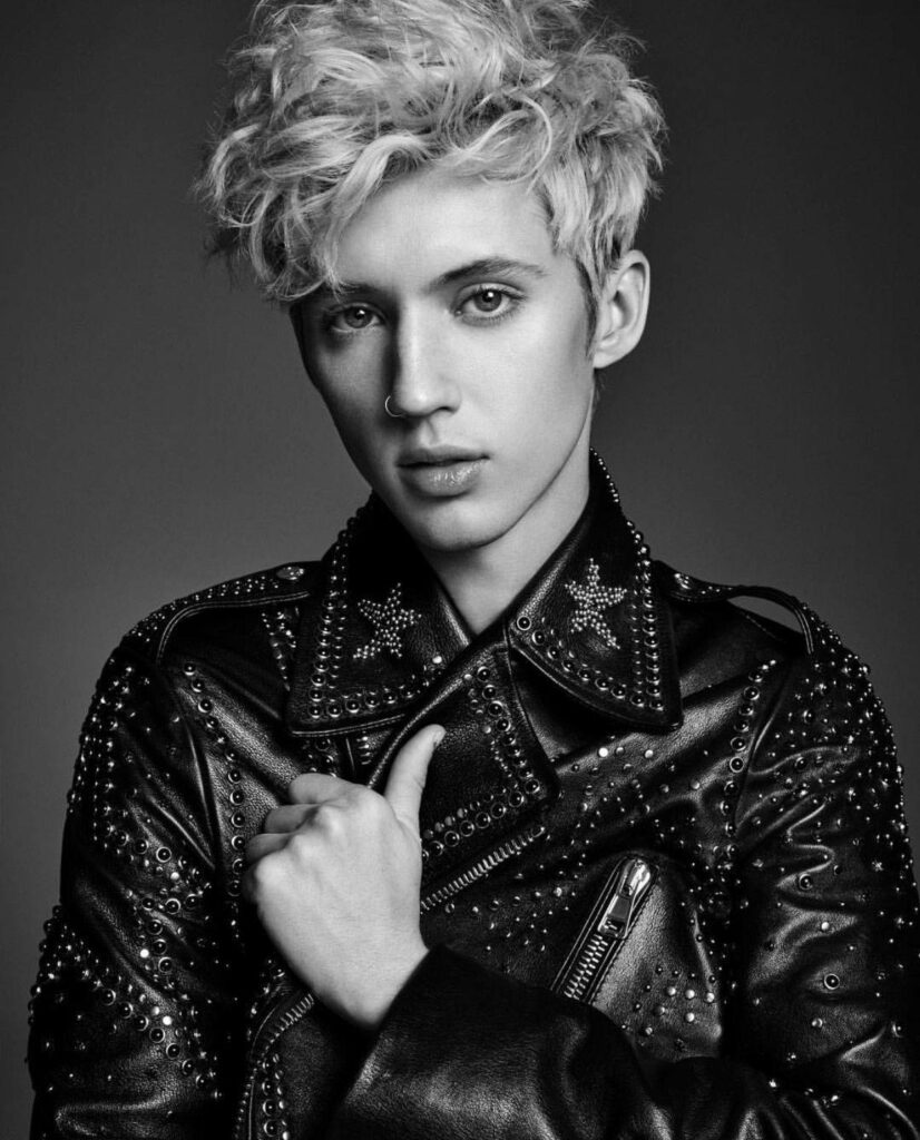 Troye Sivan edgy black and white wallpaper with studded leather jacket and tousled blond hair