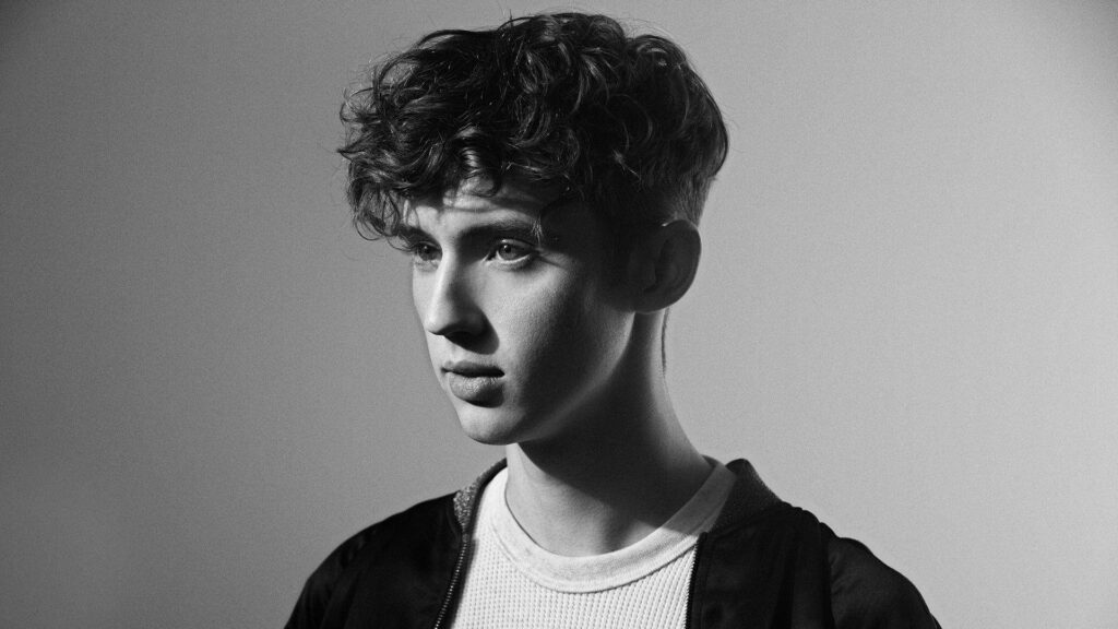 Monochrome Troye Sivan wallpaper with thoughtful expression and stylish tousled hair background