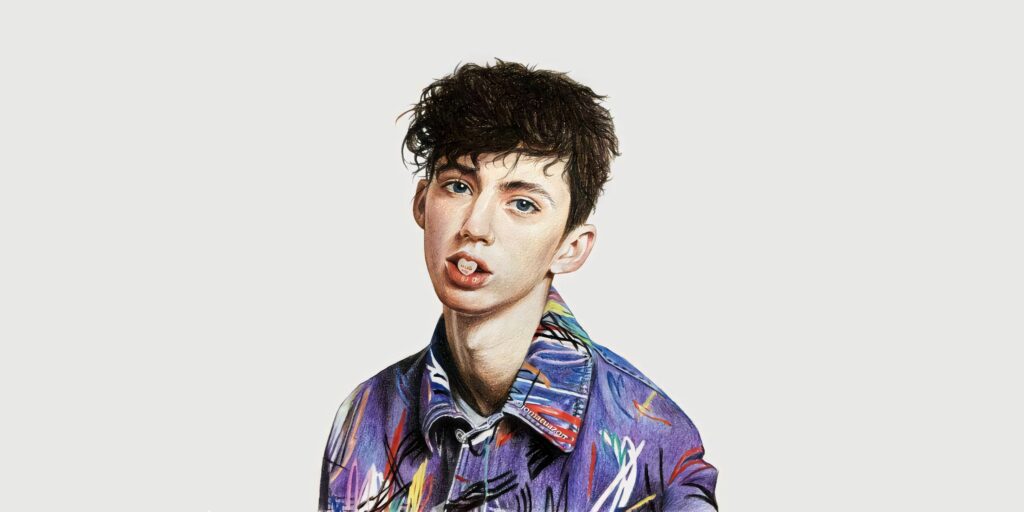 Troye Sivan fan art wallpaper vibrant hand-drawn graffiti jacket Happy Pills theme background