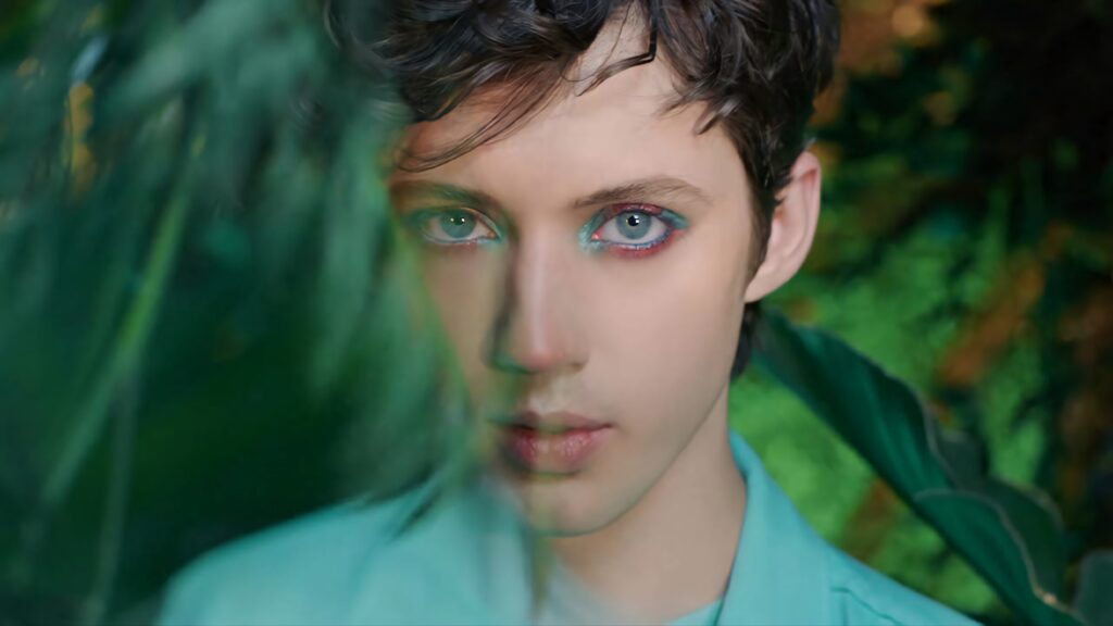 Troye Sivan wearing vibrant Perfect Diary makeup with striking eyes against green wallpaper background