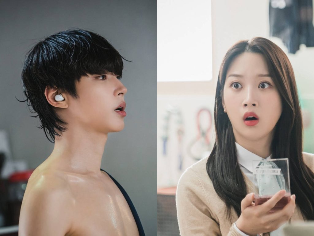 True Beauty wallpaper with Hwang In-yeop shirtless profile and surprised Moon Ga-young split-screen