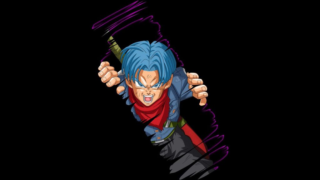 Trunks anime art tearing black void with sword blue jacket red scarf purple energy wallpaper