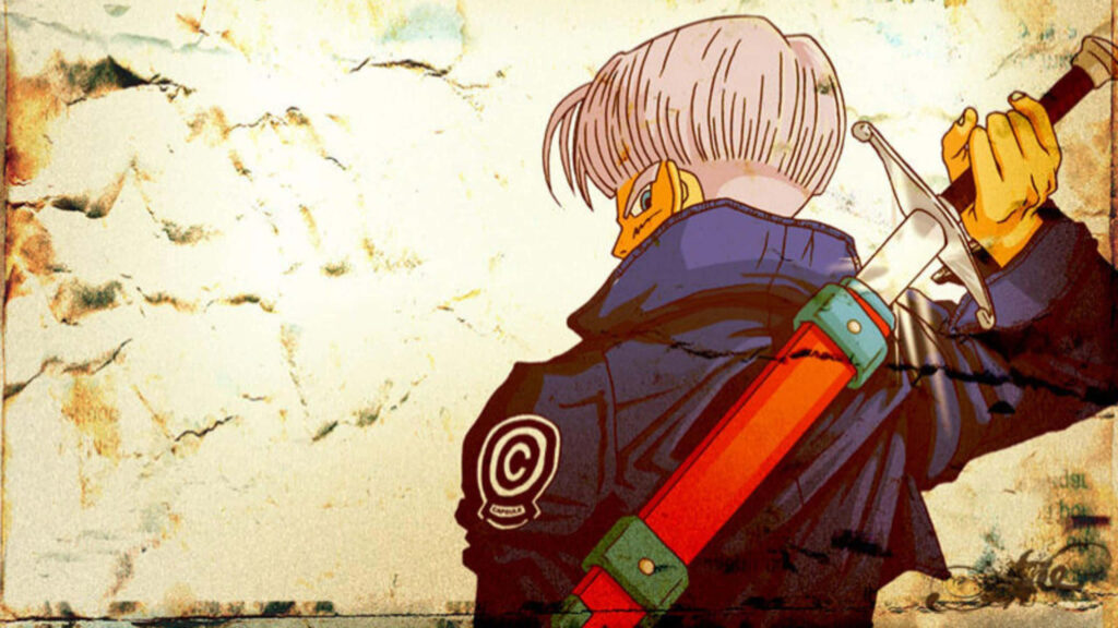 Trunks drawing iconic sword in Capsule Corp jacket vintage anime Dragon Ball wallpaper background