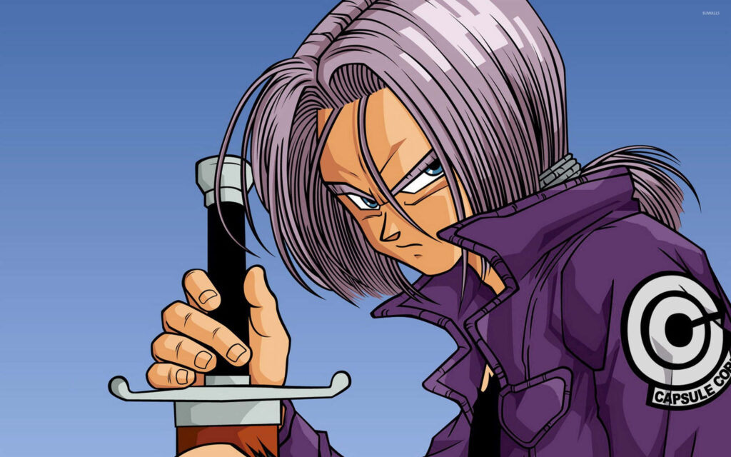 Trunks from Dragon Ball digital art with purple hair sword and Capsule Corp jacket on blue background Wallpaper