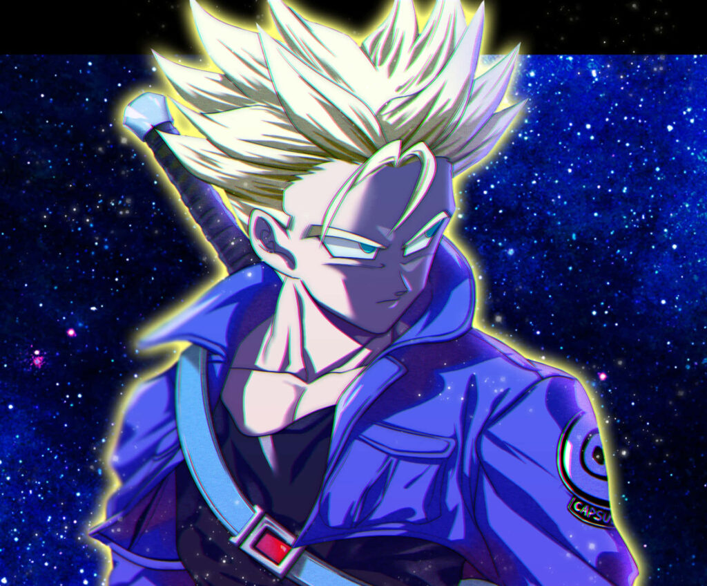 Trunks stands under vibrant starry sky with glowing Capsule Corp jacket and signature sword Wallpaper