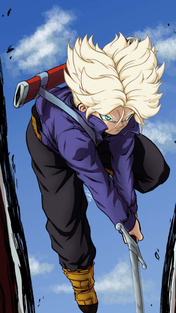 Trunks from Dragon Ball Z mid-action with sword vivid blue sky swirling clouds anime wallpaper