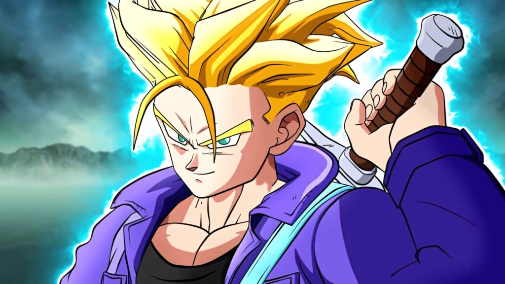 Trunks unsheathes sword with blue energy bold anime style cloudy sky Dragon Ball Z wallpaper background