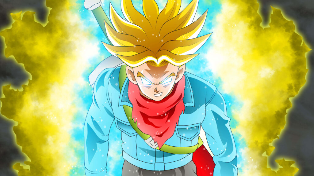 Trunks powering up in glowing Super Saiyan form with vibrant yellow and blue energy blasts Wallpaper