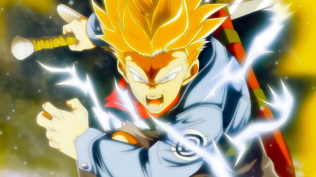 Trunks mid-action sheathes sword with crackling energy and Super Saiyan hair Dragon Ball wallpaper