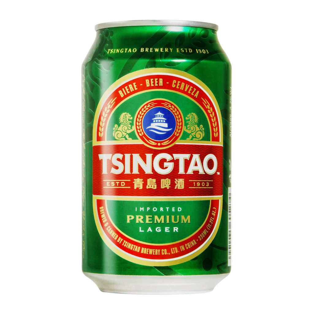 High-resolution Tsingtao Beer green aluminum can with vibrant red and gold branding on white background Wallpaper