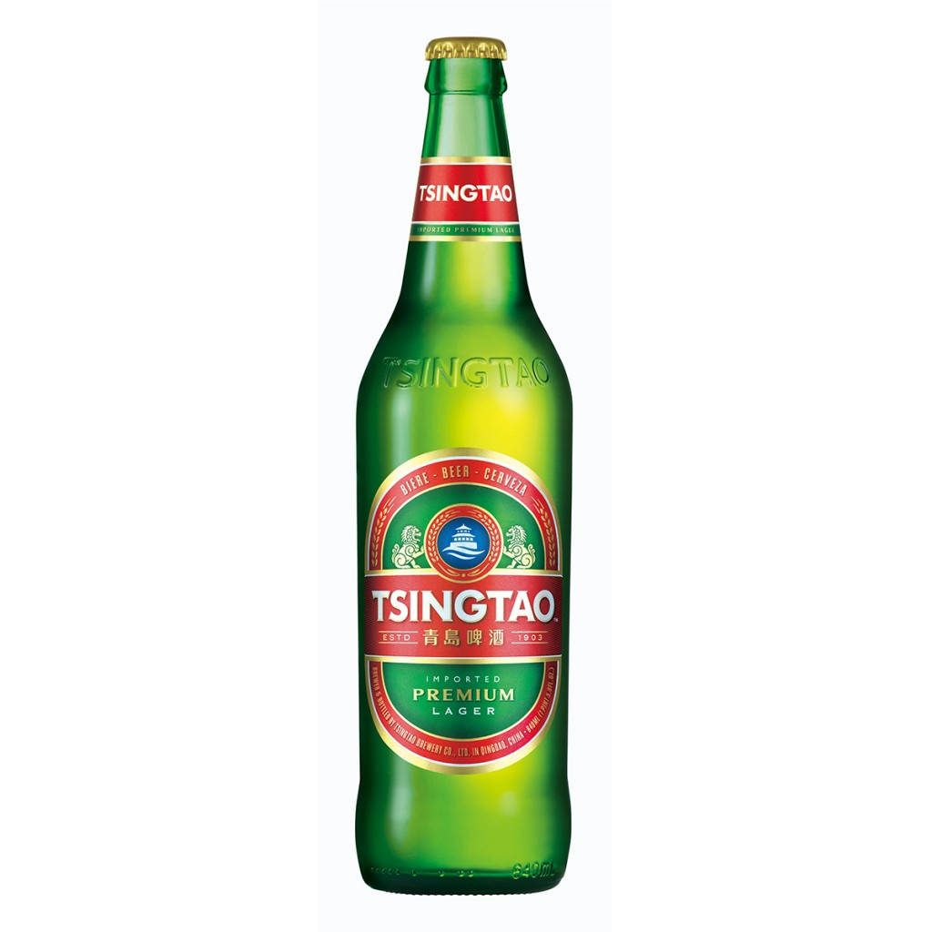 Tsingtao Premium beer bottle on white background high resolution studio shot lager wallpaper