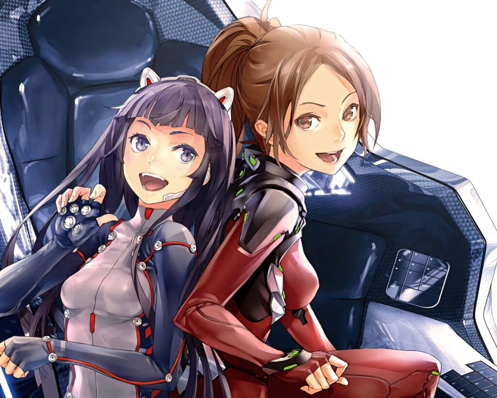 Tsugumi Sendo and Ayase Shinomiya in futuristic plug suits posing inside high tech cockpit wallpaper