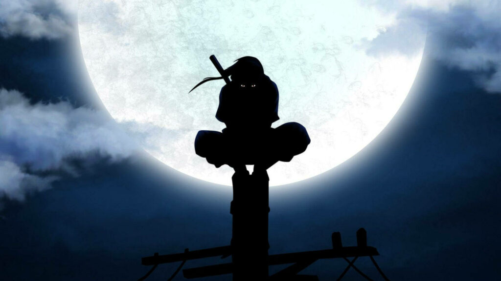 Mystical Martial Arts: Itachi Uchiha Unleashes Tsukuyomi's Lunar Might in a Striking Cartoon Masterpiece Wallpaper