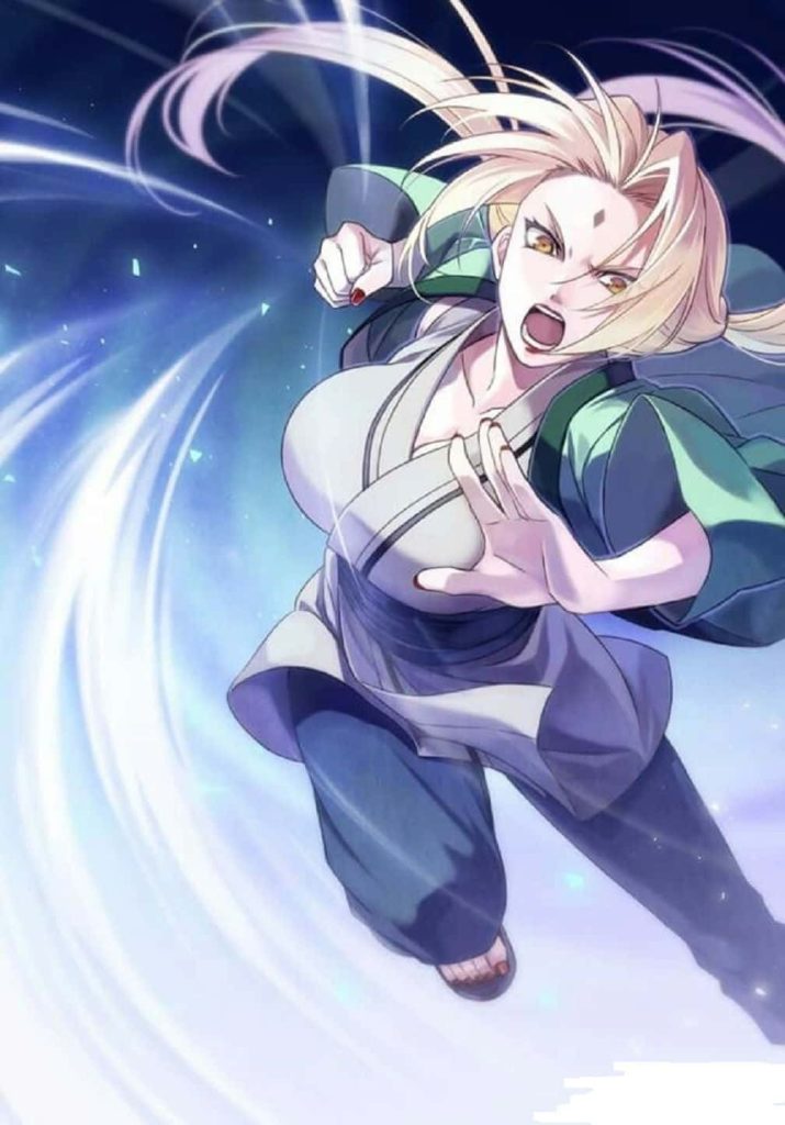 Tsunade Naruto anime wallpaper fierce pose blue energy trails dynamic digital fanart phone background