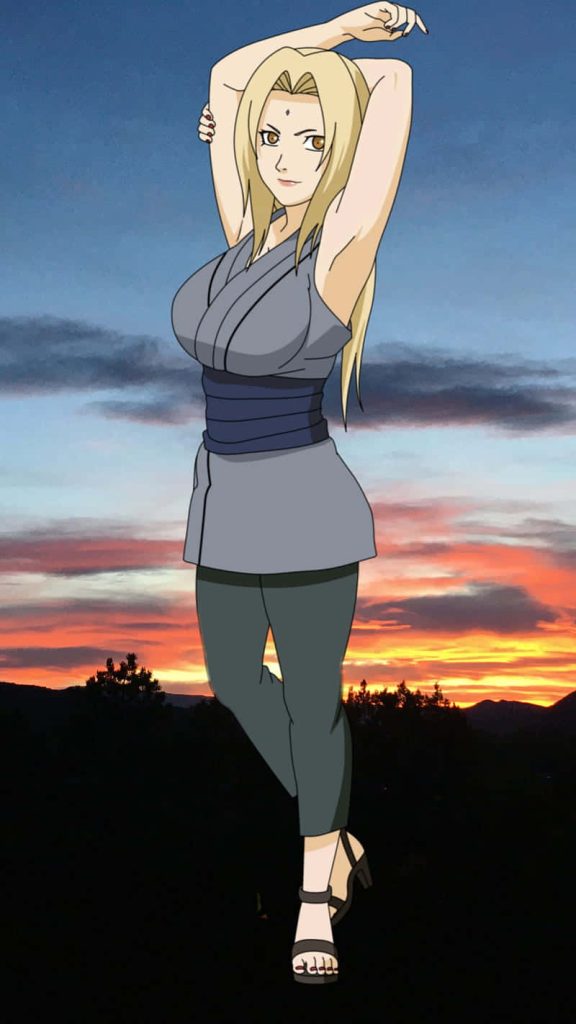 Tsunade from Naruto anime wallpaper at sunset with arms raised vibrant sky iPhone background