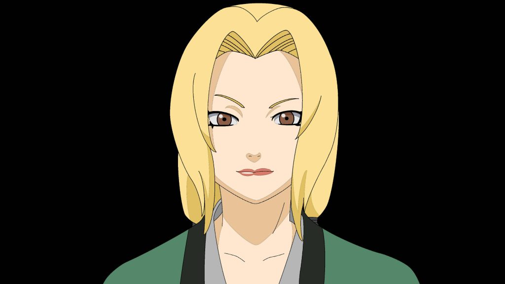 Sharp digital portrait of Tsunade Fifth Hokage with blonde hair green coat black background wallpaper