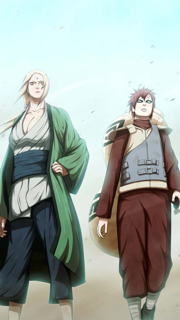 Naruto wallpaper featuring Tsunade and Gaara together in desert background for iPhone screen