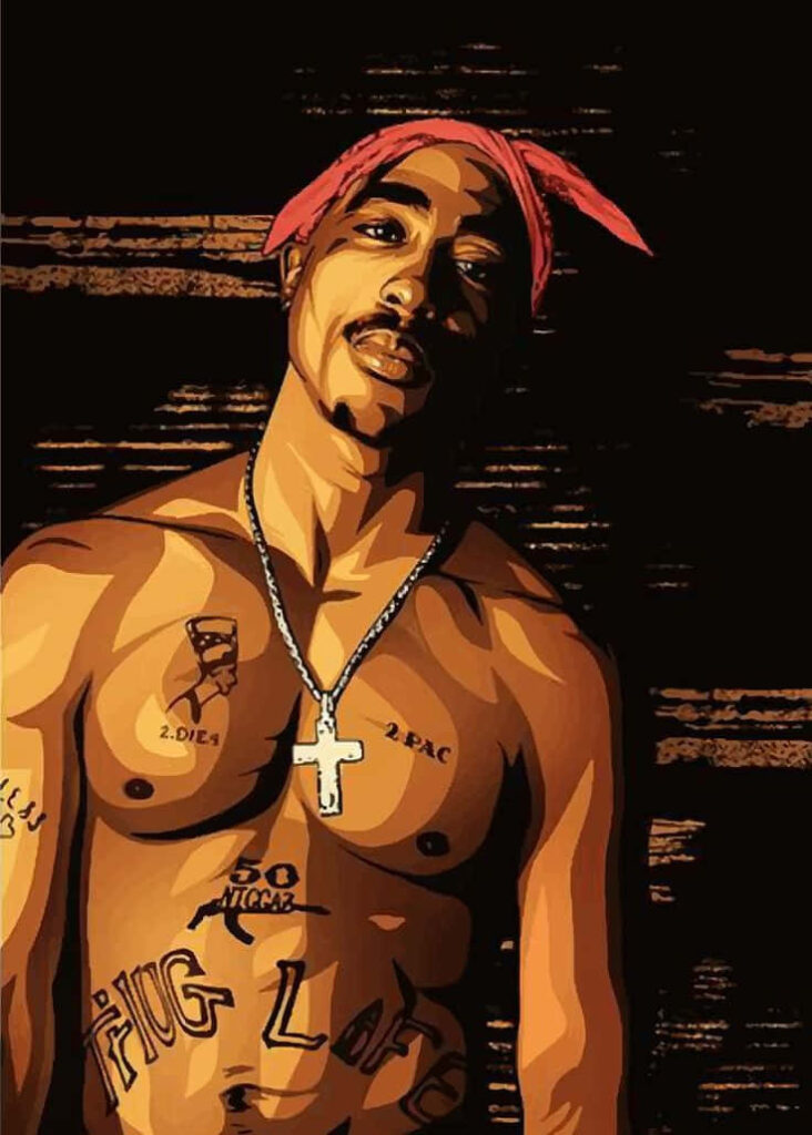 Tupac Shakur: An Exuberant Tribute in Cartoon Illustration, Honoring the Legacy of a Hip Hop Icon Wallpaper
