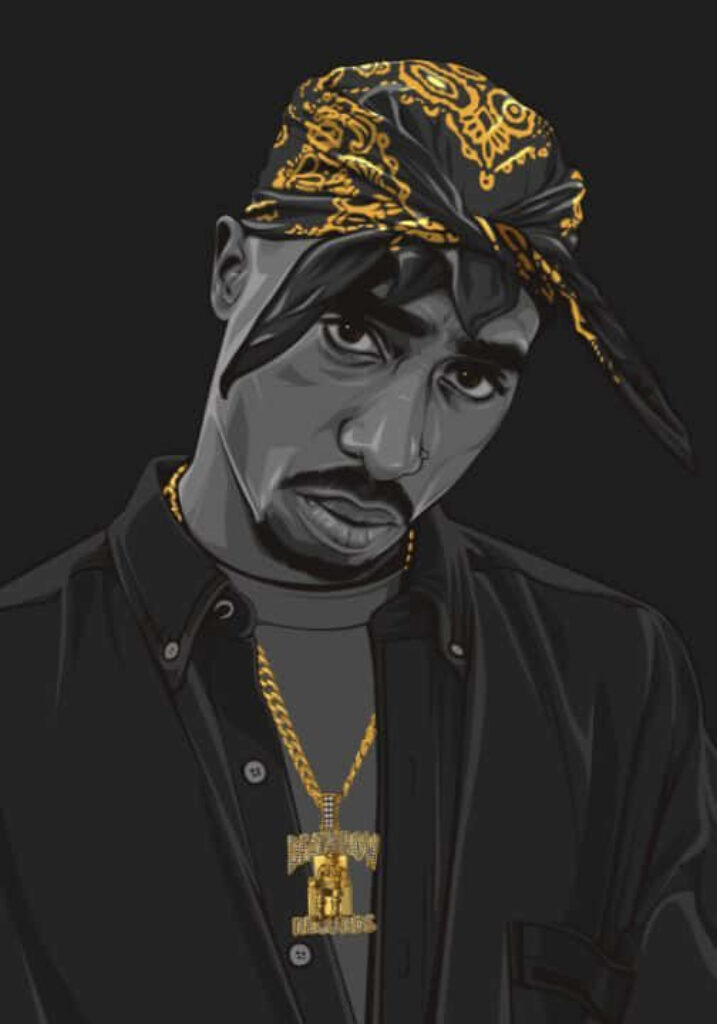 The Iconic Tupac Shakur: Captivating Caricature on Electric Blue Canvas Wallpaper
