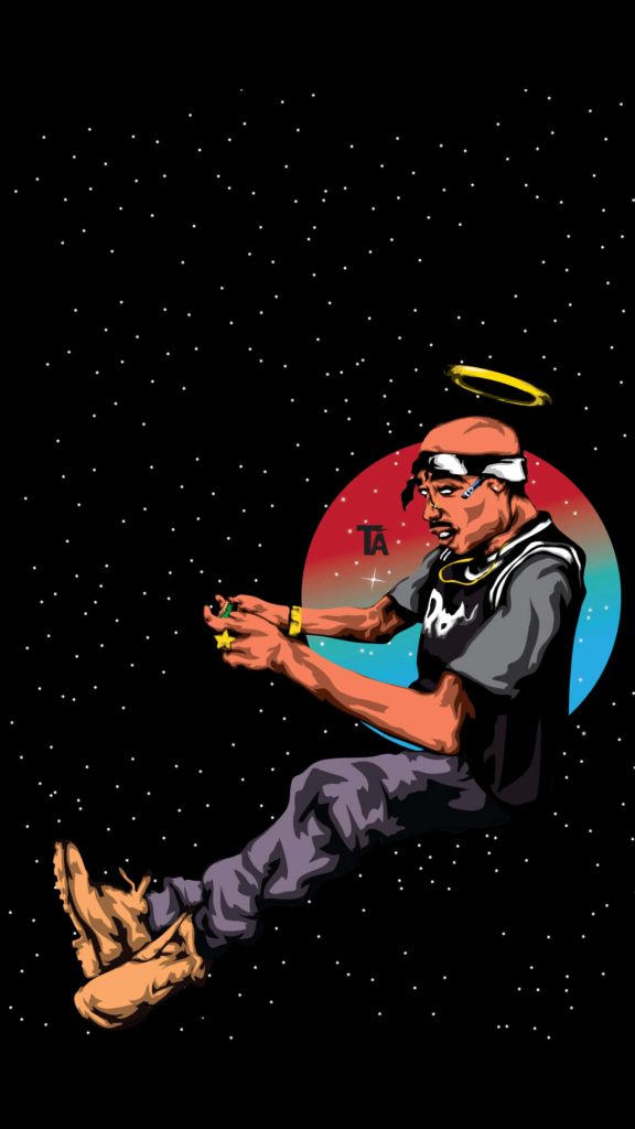 Digital illustration of Tupac Shakur with halo and bandana holding gaming controller in galaxy background Wallpaper