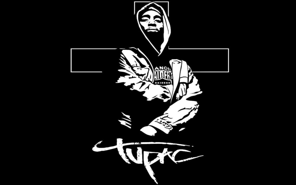 Thug Life in Outline: Tupac Shakur Wallpaper with a Powerful Crucifix Background
