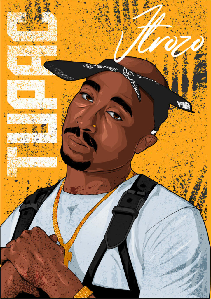 Tupac Shakur: A Powerful Legacy in a Black and White Portrait, Immortalized in Bold Colors Wallpaper