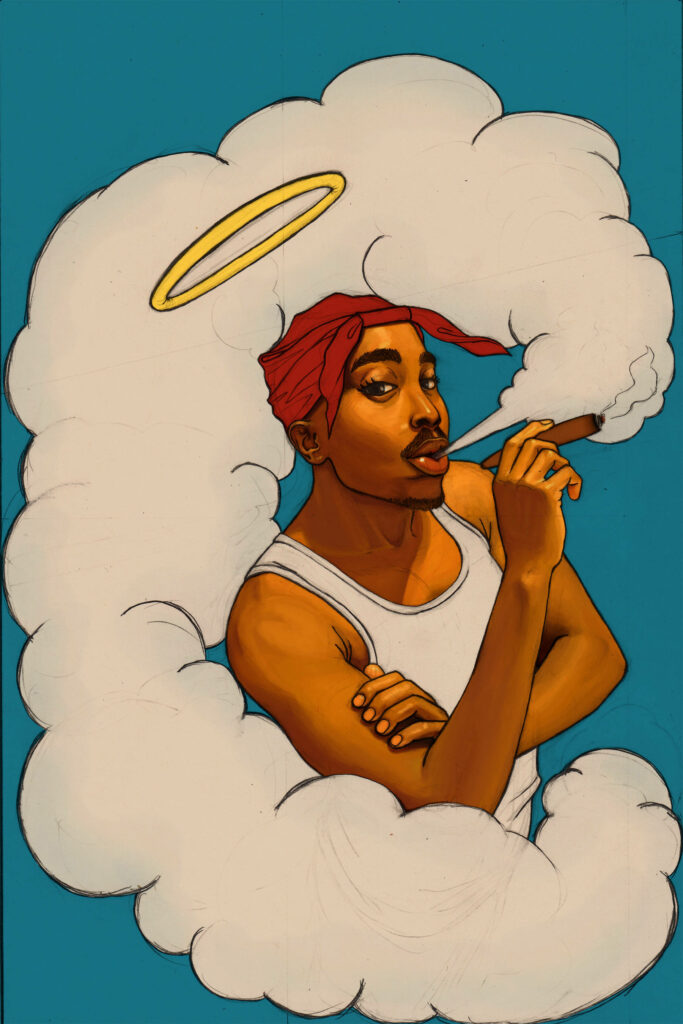 The Divine Smokescreen: Tupac Engulfed in a Heavenly Cannabis Cloud Wallpaper