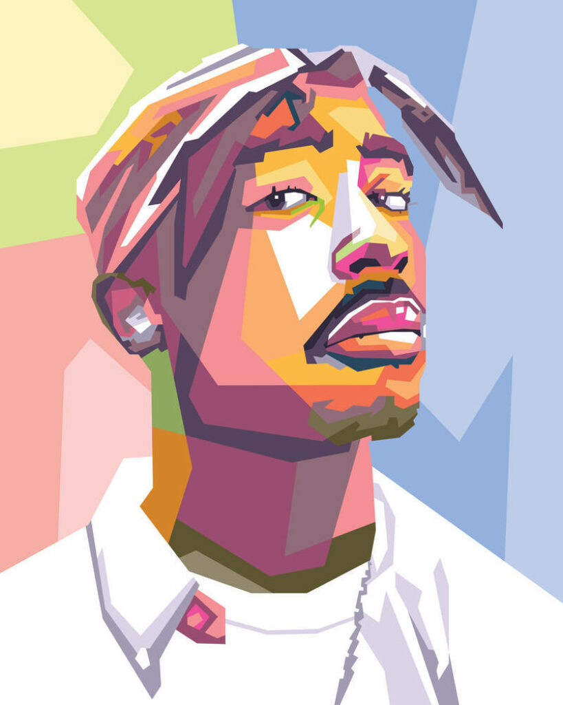 Dazzling Tribute: Vibrant Polygonal Portrayal of Tupac, Highlighting his Bandana and Iconic White Tee in Spectacular Artwork Wallpaper